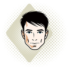 Vector illustration of handsome brunet male face, positive face features, clipart.