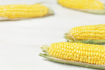 Fresh corn on cobs on white wooden table, closeup, light meal background. Selective focus.