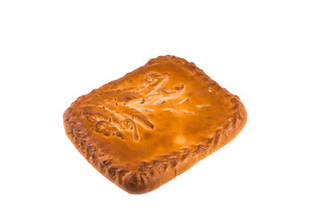 Large pot pie on a white isolated background. Bakery, cafe, baking