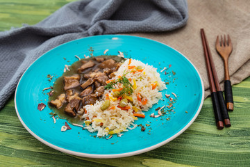caramel pork with rice and vegetable