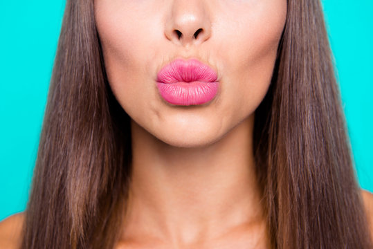 Come closer I'll kiss you! Close up photo portrait of cute sensitive attractive pretty gorgeous big natural woman's lips isolated on bright vivid pastel background