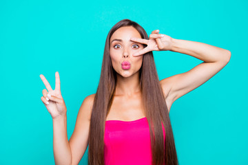 Hey hi hello! Close up studio photo portrait of sweet lovely winsome fascinating lady giving v-sign...