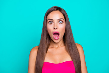 Oh no! No way! Close up studio photo portrait of pretty fancy trendy modern charming cute with open mouth woman with long straight hairstyle isolated on bright blue background