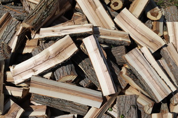 Wood for the stove. Split firewood, a big pile. Fuel.