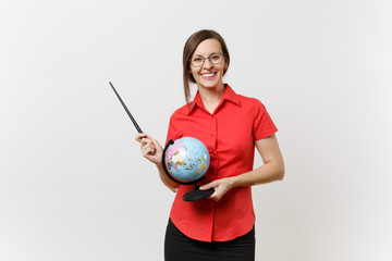Portrait of business teacher woman in red shirt skirt glasses holding globe and wooden classroom pointer isolated on white background. Education teaching in high school university concept. Copy space.