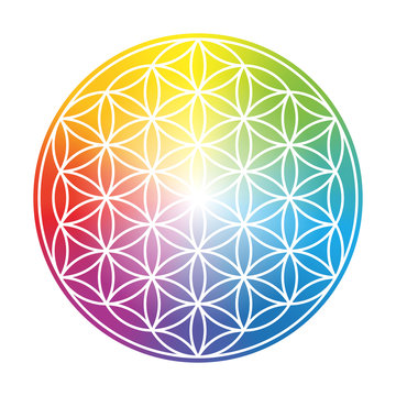 Flower of Life. Colorful circular rainbow gradient symbol on white background.