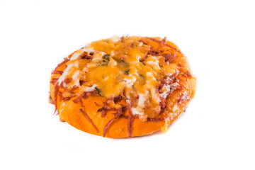 home small round pizza, sausage, cheese, pastries, white background