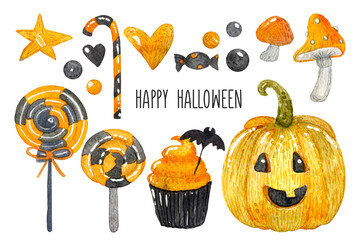 Watercolor Halloween. Perfect for thanksgiving cards or posters, halloween design, recipe or menu. Holiday. Pumpkin, sweets for the holiday.