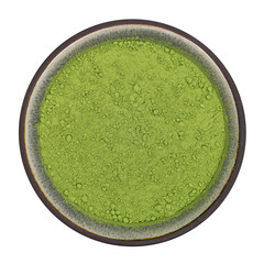 Organic barley grass powder in ceramic bowl isolated on white background, top view