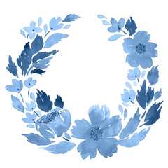 Loose watercolor floral wreath in indigo blue. Flowers and leaves arrangement template - 219795864
