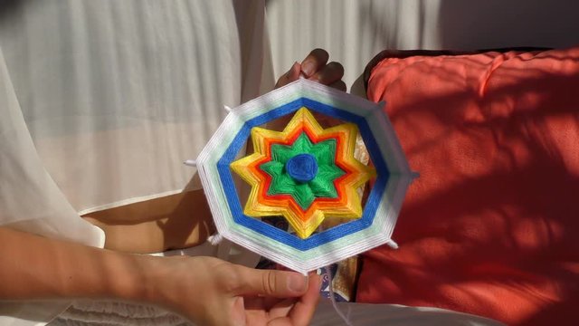 Colored Colorful Hand Made Mandala Close Up. Creation Natural Closeup Macrame Meditation