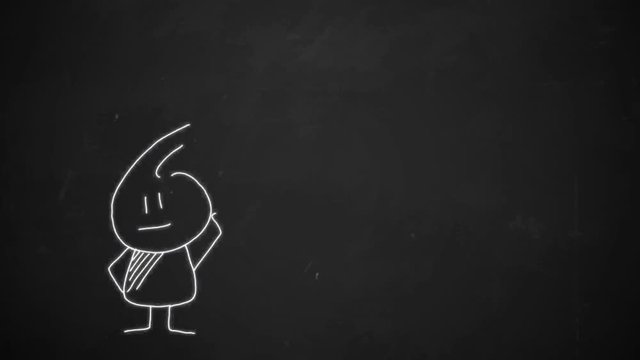 hand drawing of thinking stick man with letter symbol with white chalk on blackboard