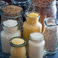 Variety of cold cereals, quick breakfast for kids overhead shot