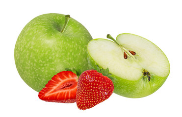 Fresh green apple with strawberries isolated on white background with clipping path