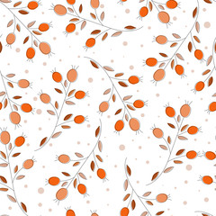 Seamless geometric pattern of autumn leaves and berries. Vector hand drawn pattern with autumn elements contours.  Eps 10.
