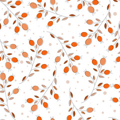 Seamless geometric pattern of autumn leaves and berries. Vector hand drawn pattern with autumn elements contours.  Eps 10.
