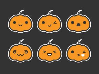 Cute simple kawaii pumpkin halloween Jack o Lantern simple emoticon faces vector illustration