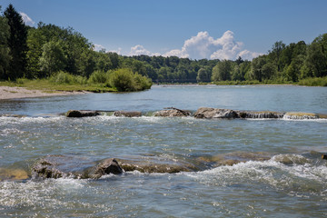  “Isar” River with River Steps and River Bank with Trees and Meadow in Munich, Bavaria,...