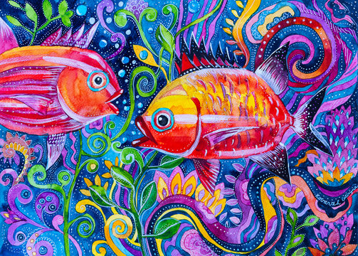 dipinto acquarello pesci colorati fantasia