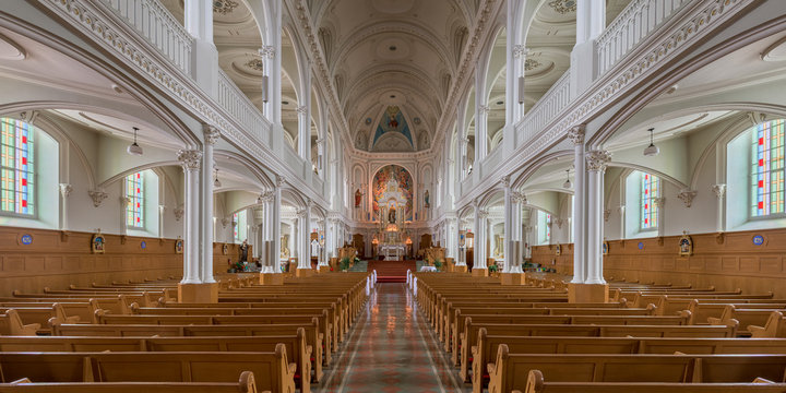 Interior of the historic Saint Peter's Catholic Church along the Cabot Trail in Cheticamp, Nova Scotia