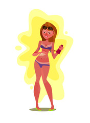 Unhappy woman character burning at sun and smudge with cream. Summer time vector cartoon illustration