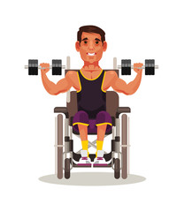 Disabled sport man character sitting in wheelchair and doing exercise with dumbbell. Strong spirit vector cartoon illustration