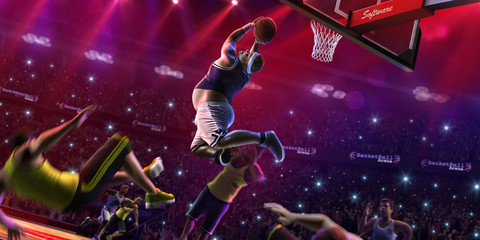 Naklejka na ściany i meble Fat Basketball non professional player in action, court and enemy 3d render