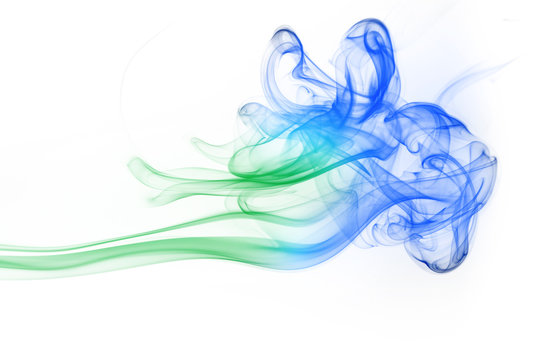Abstract green and blue smoke on white background