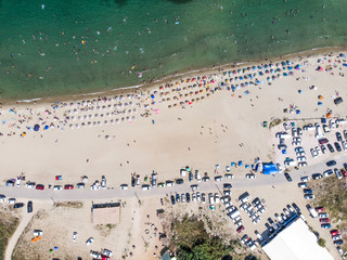 Aerial Drone View of Beach Cove with People Swimming at Erdek Turankoy / Balikesir / Turkey