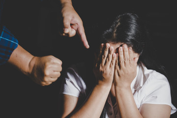 Aggression in the family, man beating up his wife. Domestic violence concept.