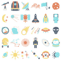 Space icons set, flat hand drawn style