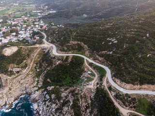 Aerial Drone View of Mountain Way with Sea Waves and Rocks in Forest at Erdek Turankoy / Balikesir.