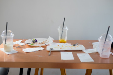 Empty plate after dessert and empty iced coffee