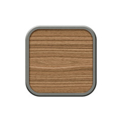 Wooden badge with metallic border in form of rounded square.