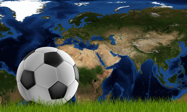 soccer ball with green lawn and world map focused on Qatar 3d-illustration. elements of this image furnished by NASA