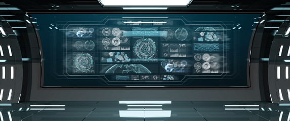 Dark spaceship interior with control panel digital screens 3D rendering