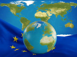 Fototapeta premium flag of Europe with planet earth globe and world map. elements of this image furnished by NASA 3d-illustration