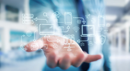 Businessman using tech devices and icons thin line interface