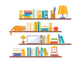 book shelf background with elements such as lamp, alarm clock and cat, flat design