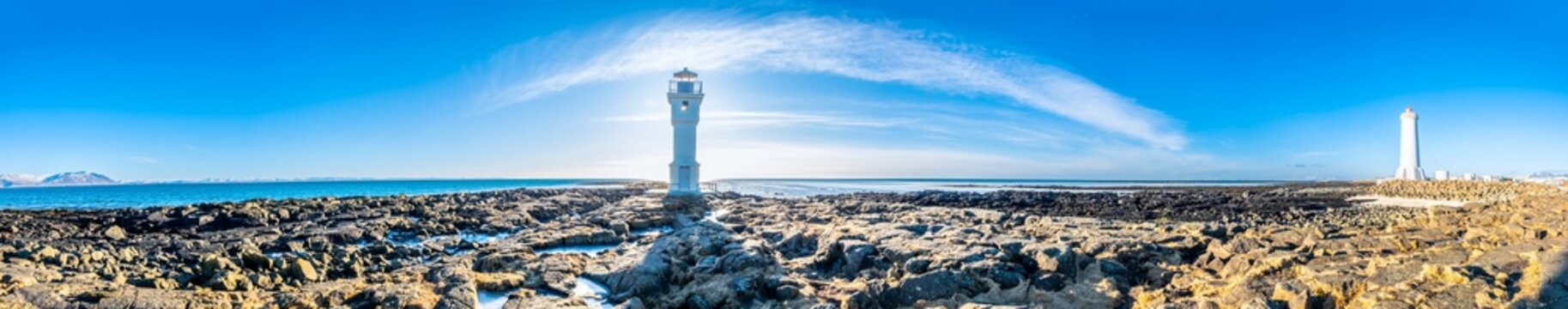 Panorama of two lighthouses at Akranes, Iceland