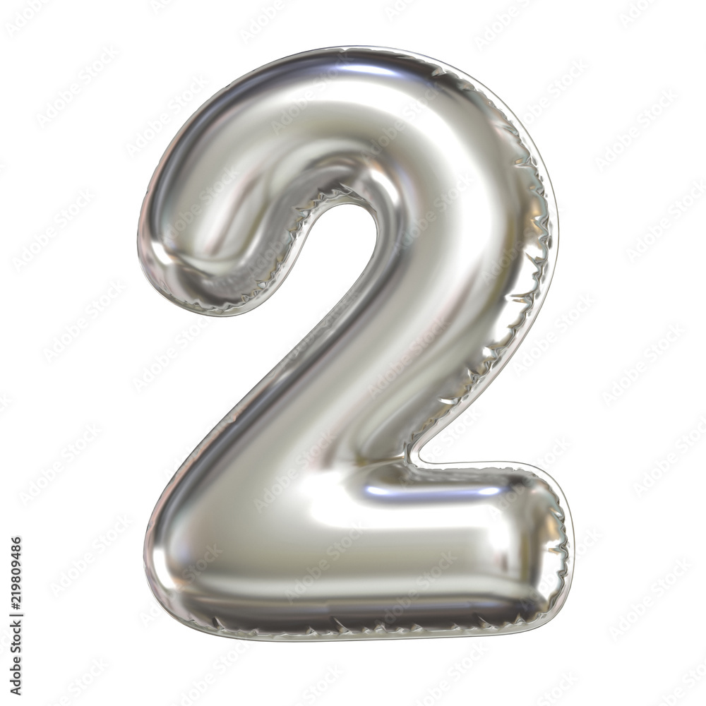 Poster silver balloon font 3d rendering, number 2