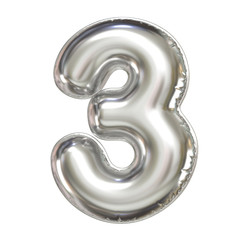 Silver balloon font 3d rendering, number 3