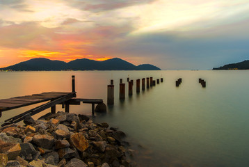 Sunset Scenery at Marina Islands Old Jetty,Perak,Malaysia With Clear Water.Soft Focus,Blur due to Long Exposure.