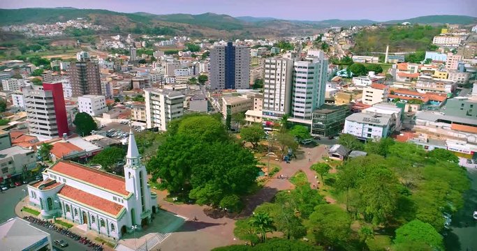 Aerial view, drone, inner city of mines, culture, public square, history and tradition. Ita&uacute;na Brazil.