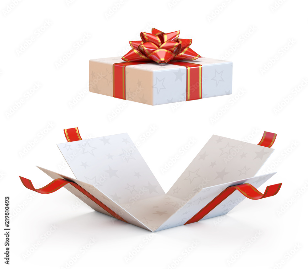 Poster open gift box with red bow and ribbon, present exploding 3d rendering