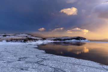 View of frozen lake Baikal. Landscape winter