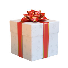 Gift box with red bow and ribbon, white present 3d rendering