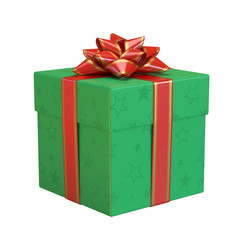 Green gift box with red bow and ribbon, white present 3d rendering