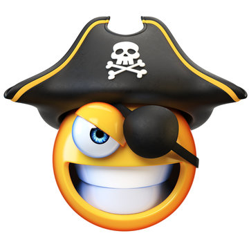 Pirate emoji isolated on white background, emoticon with the pirate hat and the eye patch 3d rendering