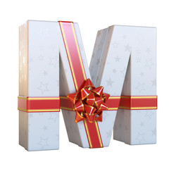 Gift box with red ribbon bow 3d font, present alphabet 3d renderinf, letter M